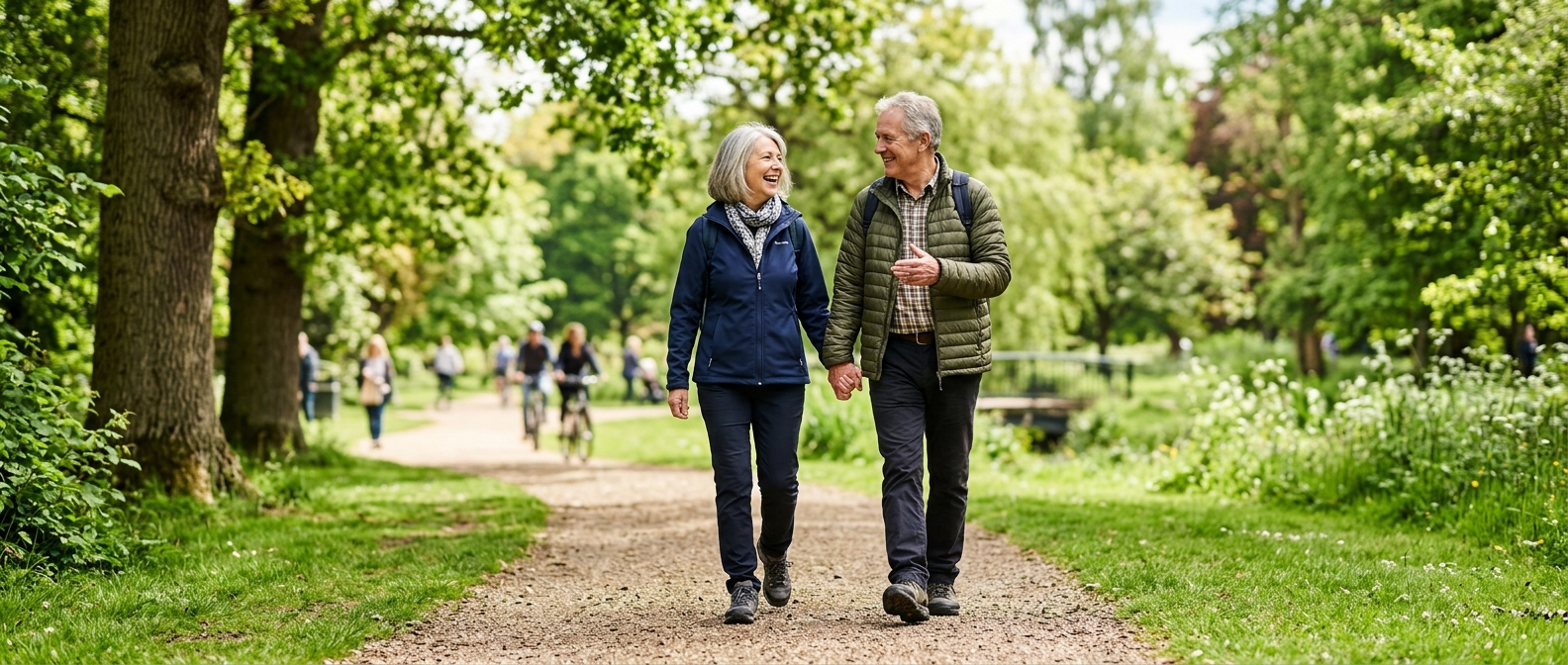 Active older couple walking in a park, representing type 2 diabetes prevention and screening.