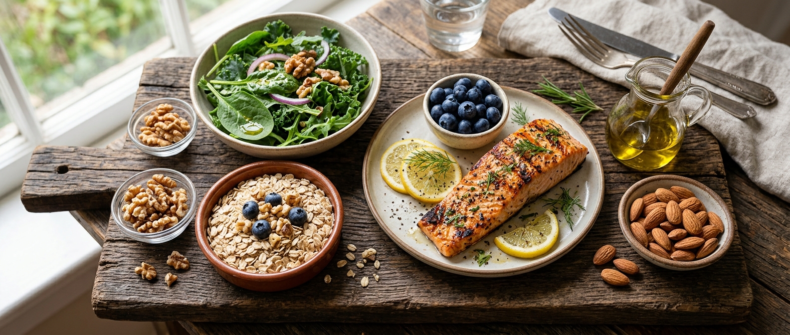Heart-healthy foods including salmon, oats, nuts and olive oil that support healthy cholesterol.