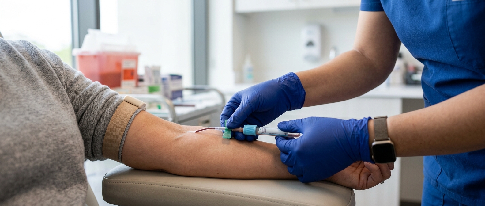 Phlebotomist in gloves taking a blood sample from a patient's arm, representing a full blood count appointment.