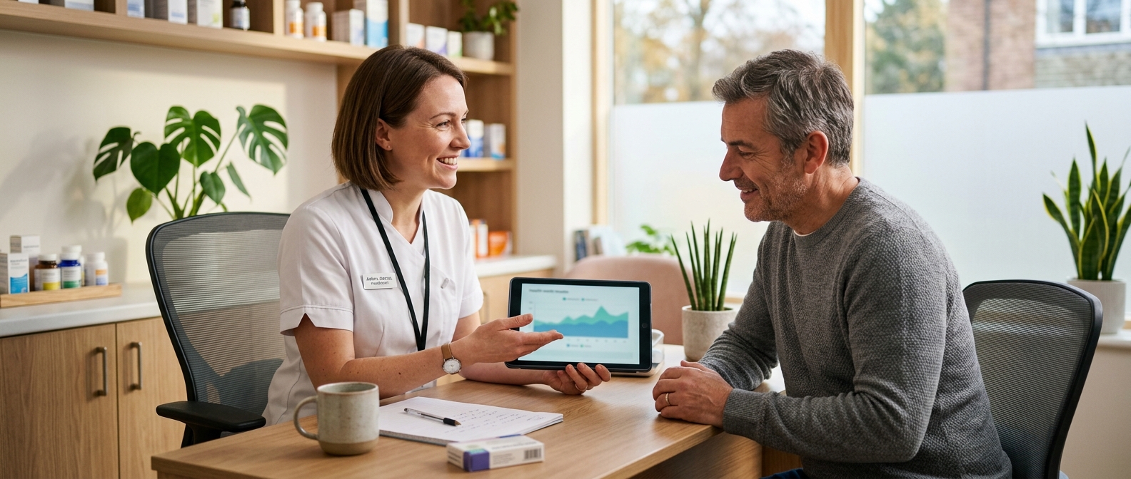 Pharmacist explaining blood test results to a patient in a private consultation room.