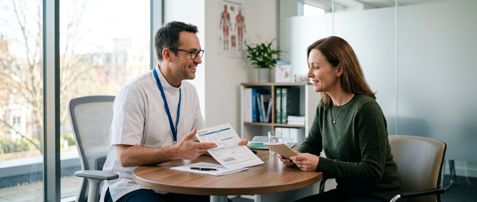 Pharmacist discussing thyroid blood test results with a patient in a private consultation room.