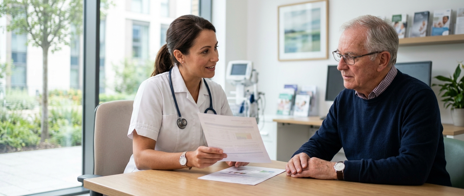 Pharmacist reviewing full blood count results with a patient in a private consultation room.