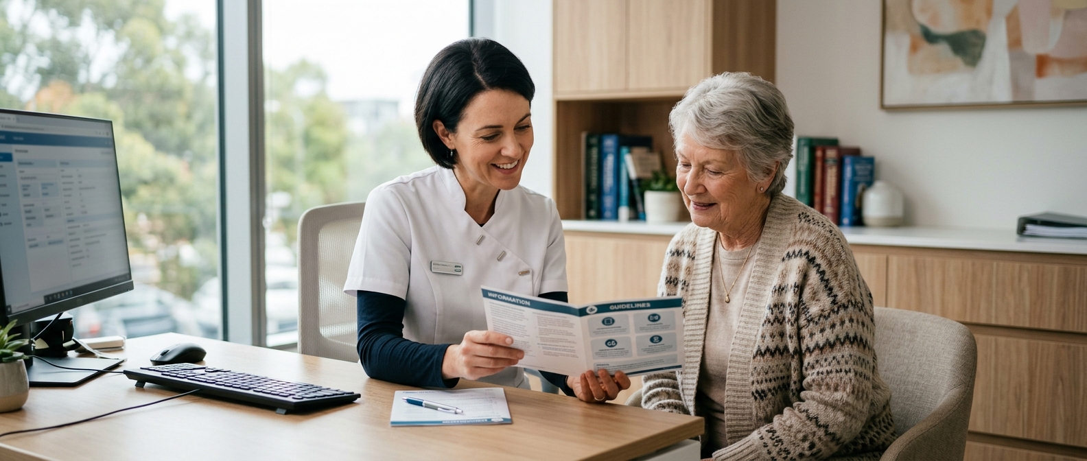 Pharmacist explaining blood test results to a patient at Davies Pharmacy phlebotomy centre in Havant, Hampshire.