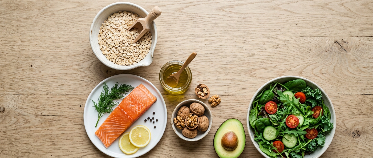 Heart-healthy foods including oily fish, oats, walnuts and olive oil that help lower cholesterol levels.