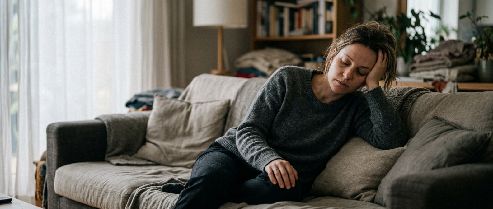 Woman experiencing persistent tiredness, a common symptom of an underactive thyroid shown by raised TSH.