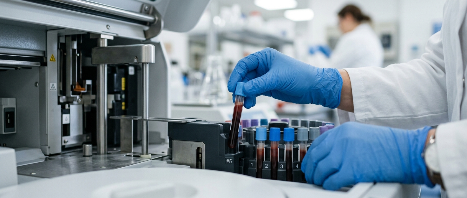 Blood sample being analysed in a laboratory analyser as part of a full blood count test.
