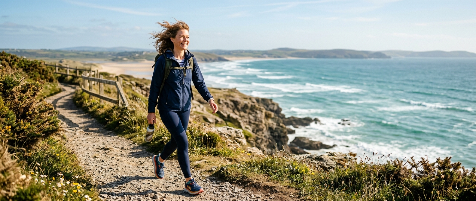 Woman walking energetically on a coastal path, representing restored energy after treating vitamin B12 deficiency.