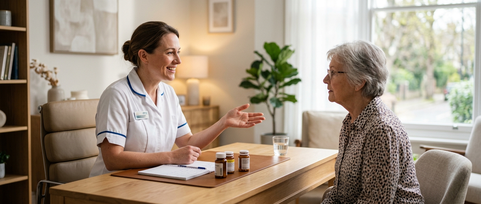 Pharmacist explaining blood test results and B12 treatment options to a patient in Hampshire.