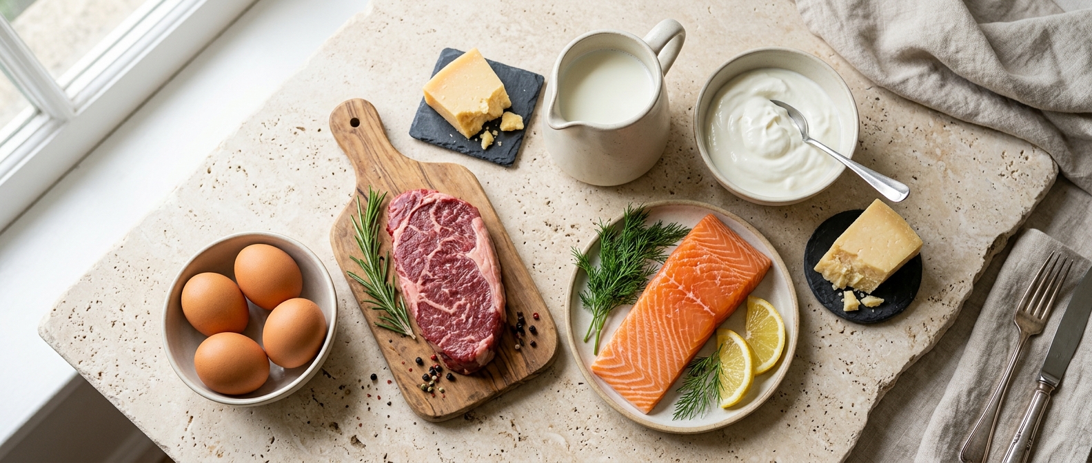 Foods naturally rich in vitamin B12 including salmon, beef, eggs, milk and cheese.