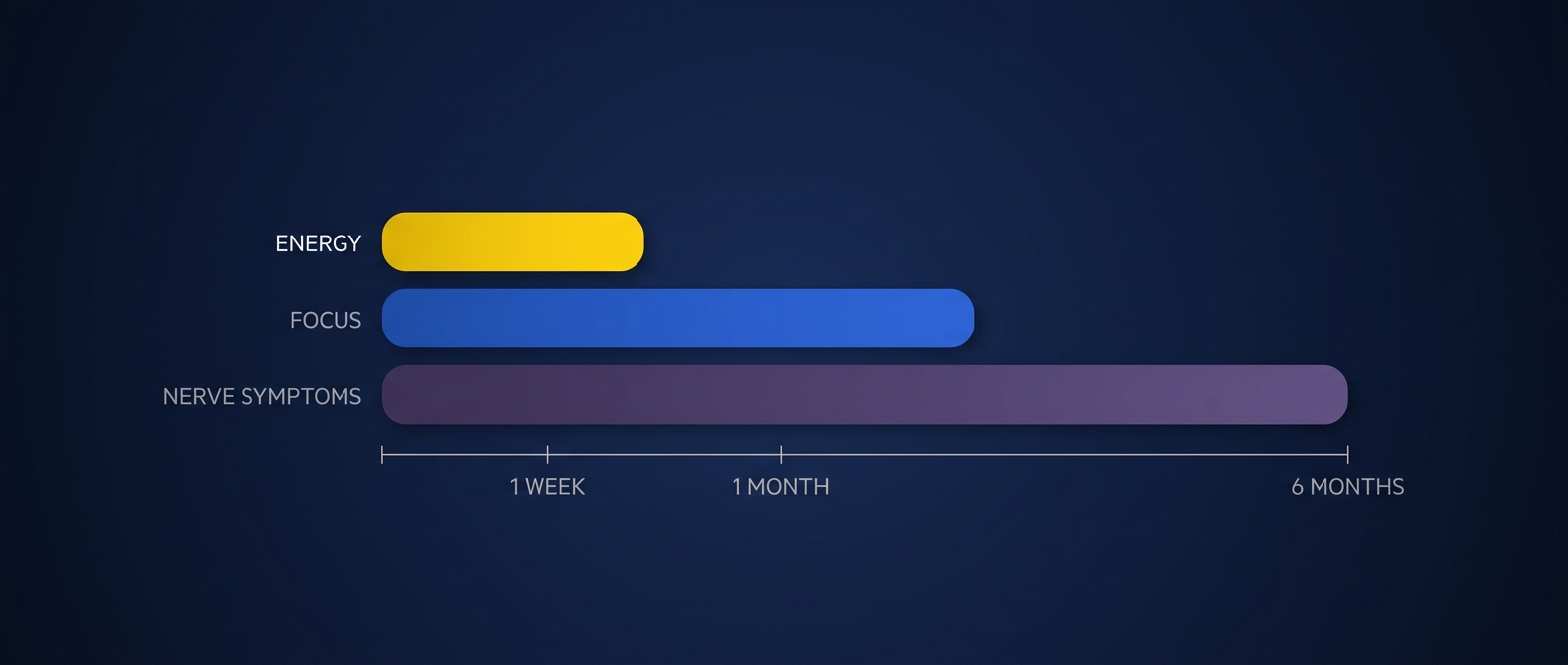 Timeline chart showing energy improving within weeks, focus over one to two months, and nerve symptoms improving over up to six months after B12 treatment.