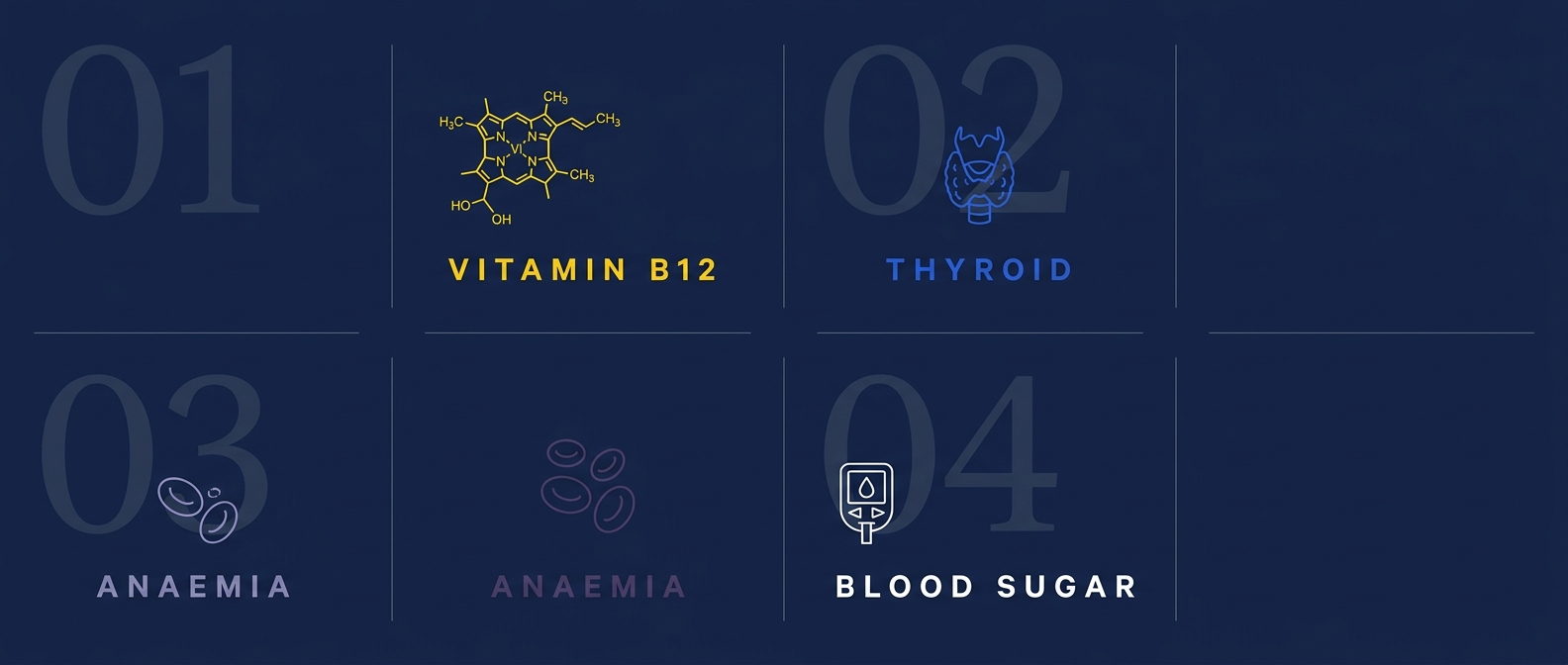 The four common causes of persistent tiredness tested for at Southdowns Pharmacy: vitamin B12, thyroid, anaemia and blood sugar.