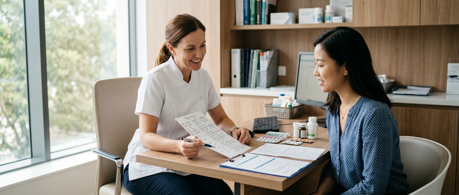 Pharmacist carrying out a yellow fever pre-vaccination risk assessment with a traveller in Hampshire.