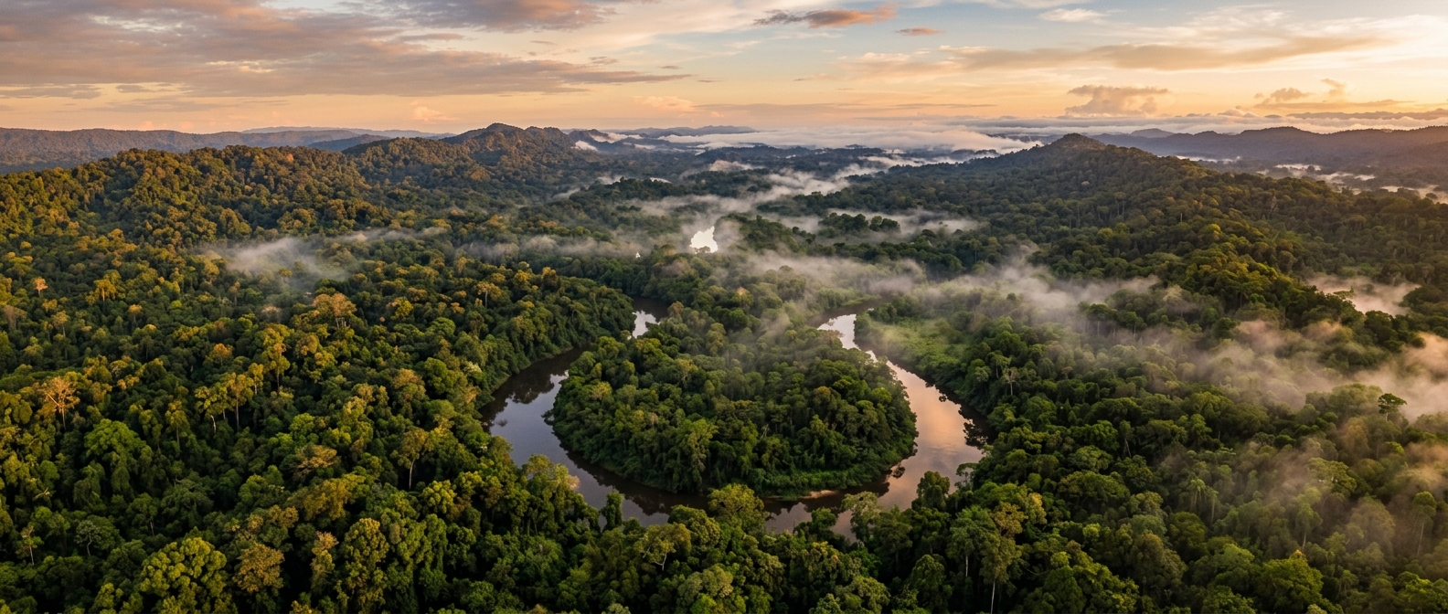 Aerial view of the Amazon rainforest, a South American region where yellow fever circulates.