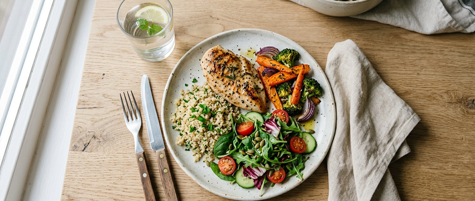 Overhead view of a balanced meal with lean protein, vegetables and grains, reflecting the diet and activity that weight management treatment supports.