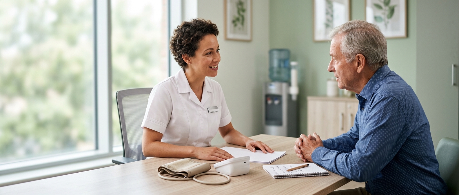 GPhC-registered pharmacist carrying out a weight management consultation at Southdowns Pharmacy in Havant, Hampshire.